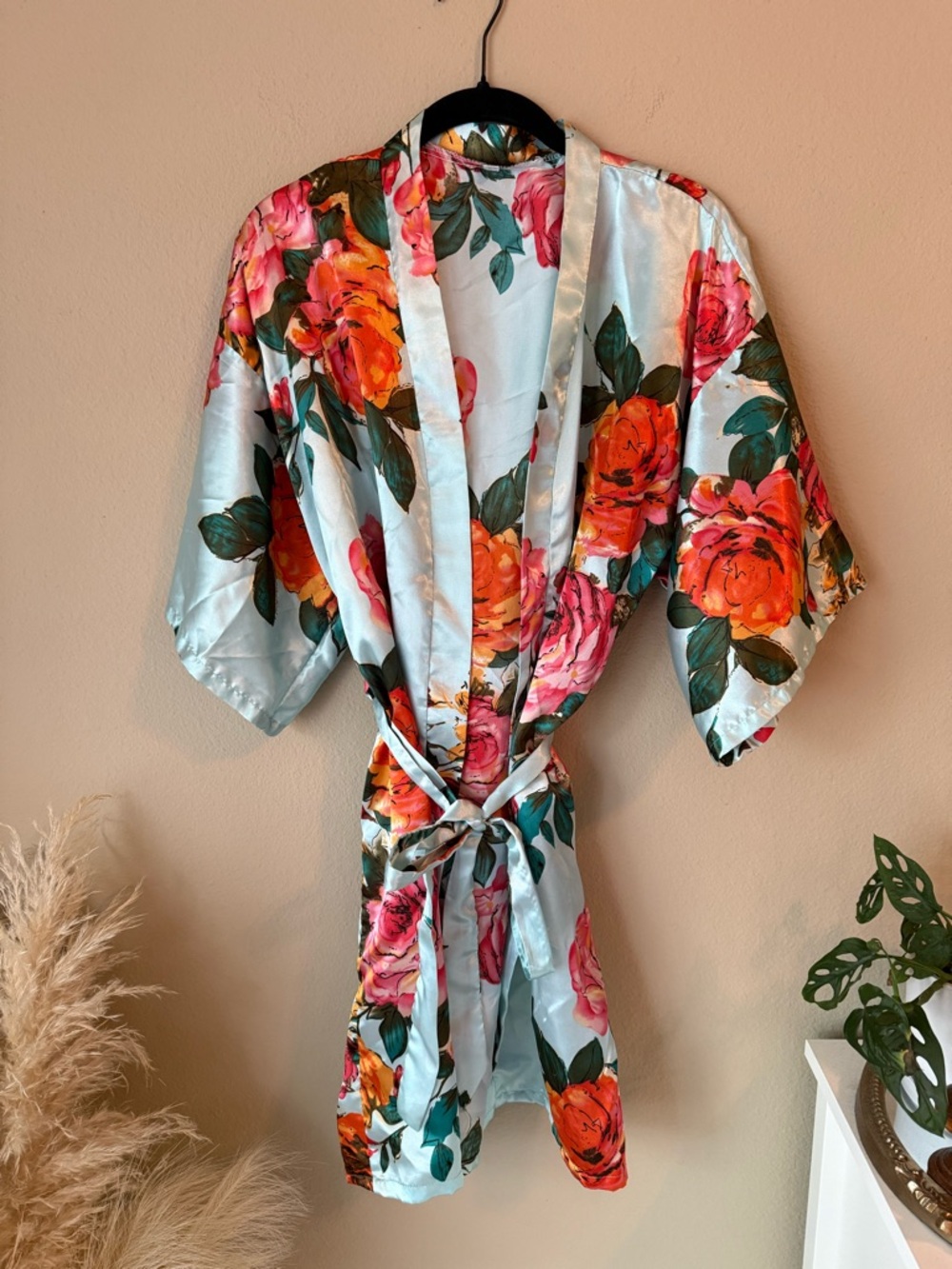 Floral Satin Kimono Bridesmaid Robe Light Blue Mint, Pink & Orange Roses Flowers